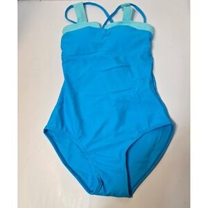 One-piece Girls Size 10 Medium Swimsuit Blue Crisscross Tie Back Color Block